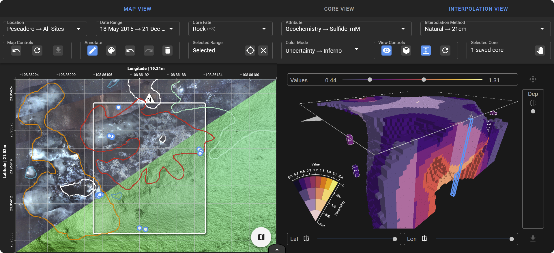 DeepSee workspace showing seafloor maps with sediment sampling history and 3D interpolations