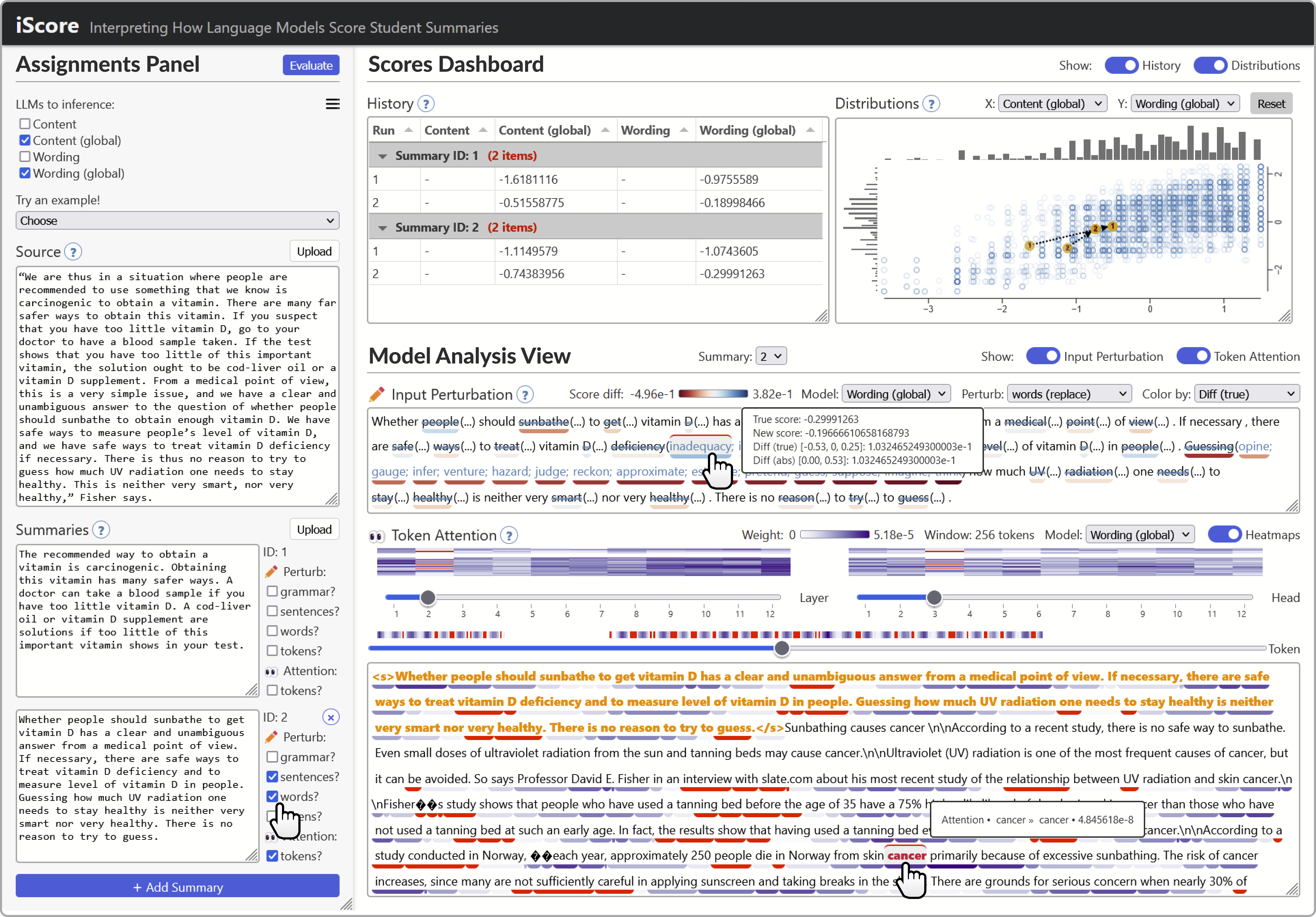 iScore views comparing summaries, LLM scores, and model weights
