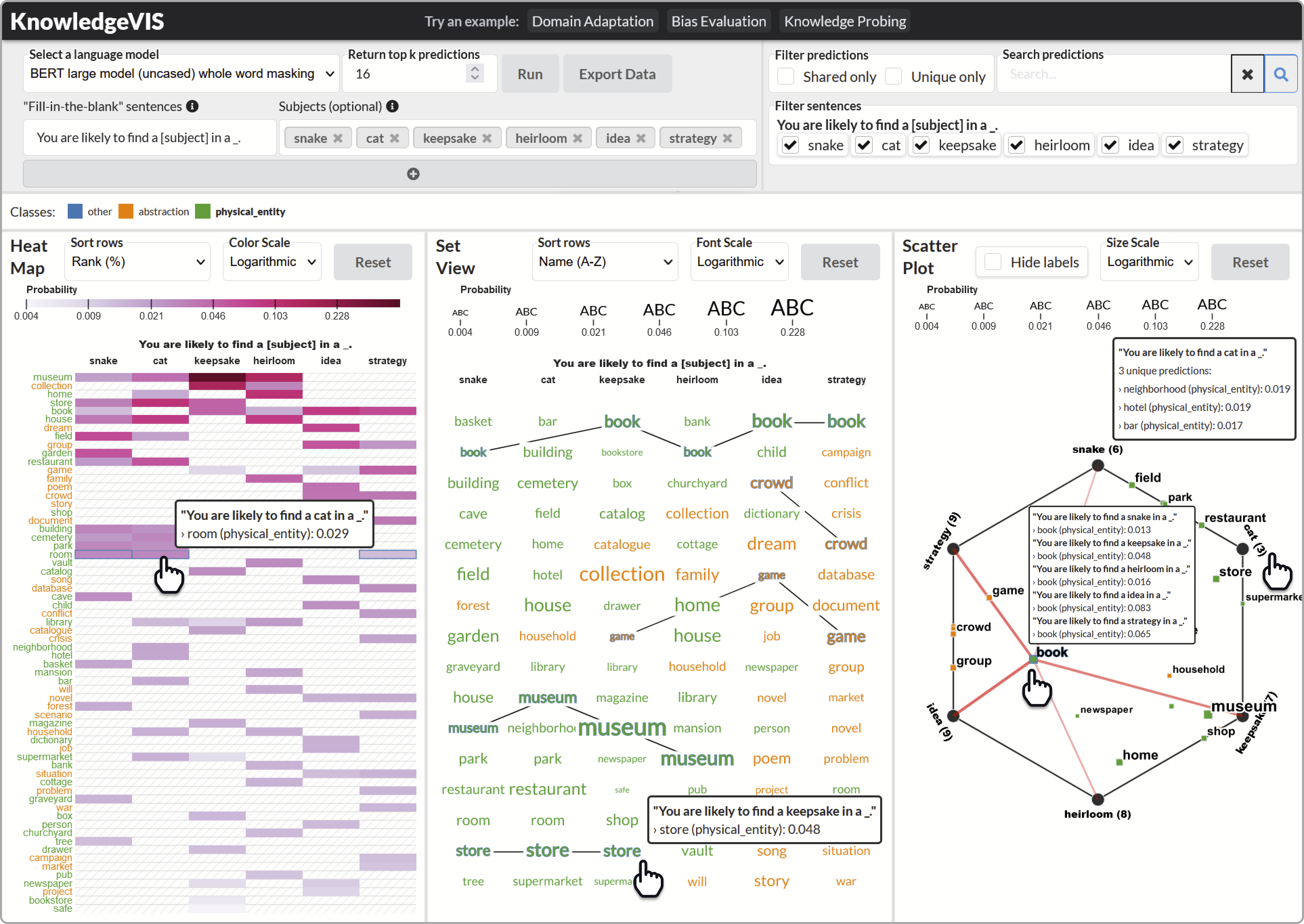 KnowledgeVIS views clustering and comparing language model predictions across fill-in-the-blank prompts